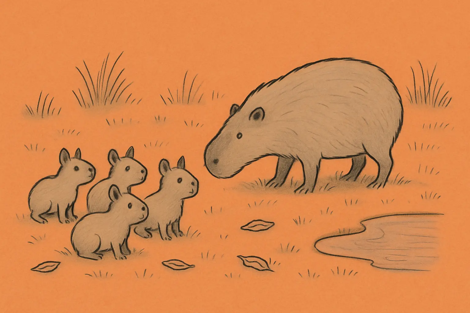 Four capybara pups with their mother in a Mandai wildlife park enclosure, exploring their surroundings with curious expressions, lush greenery visible.