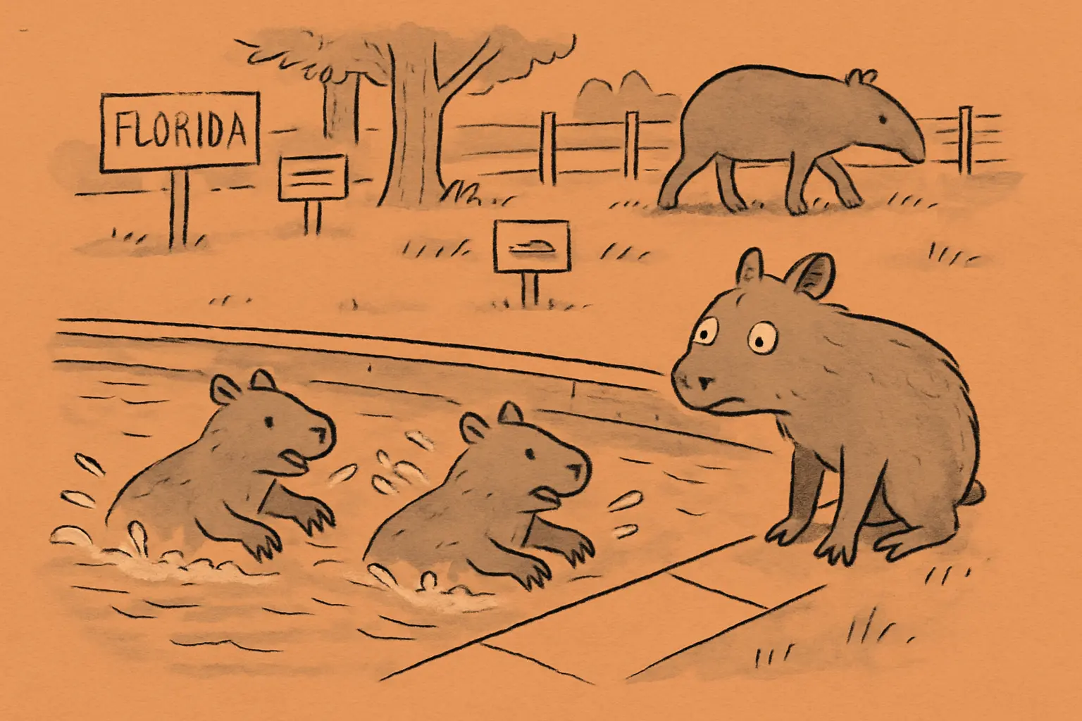 Three young capybaras near a water feature at palm beach zoo, two in the water and one standing at the edge looking reluctant.
