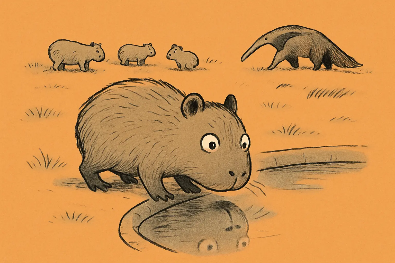 Seven small capybara pups clustered near their mother in a zoo enclosure, one older sibling standing close by.