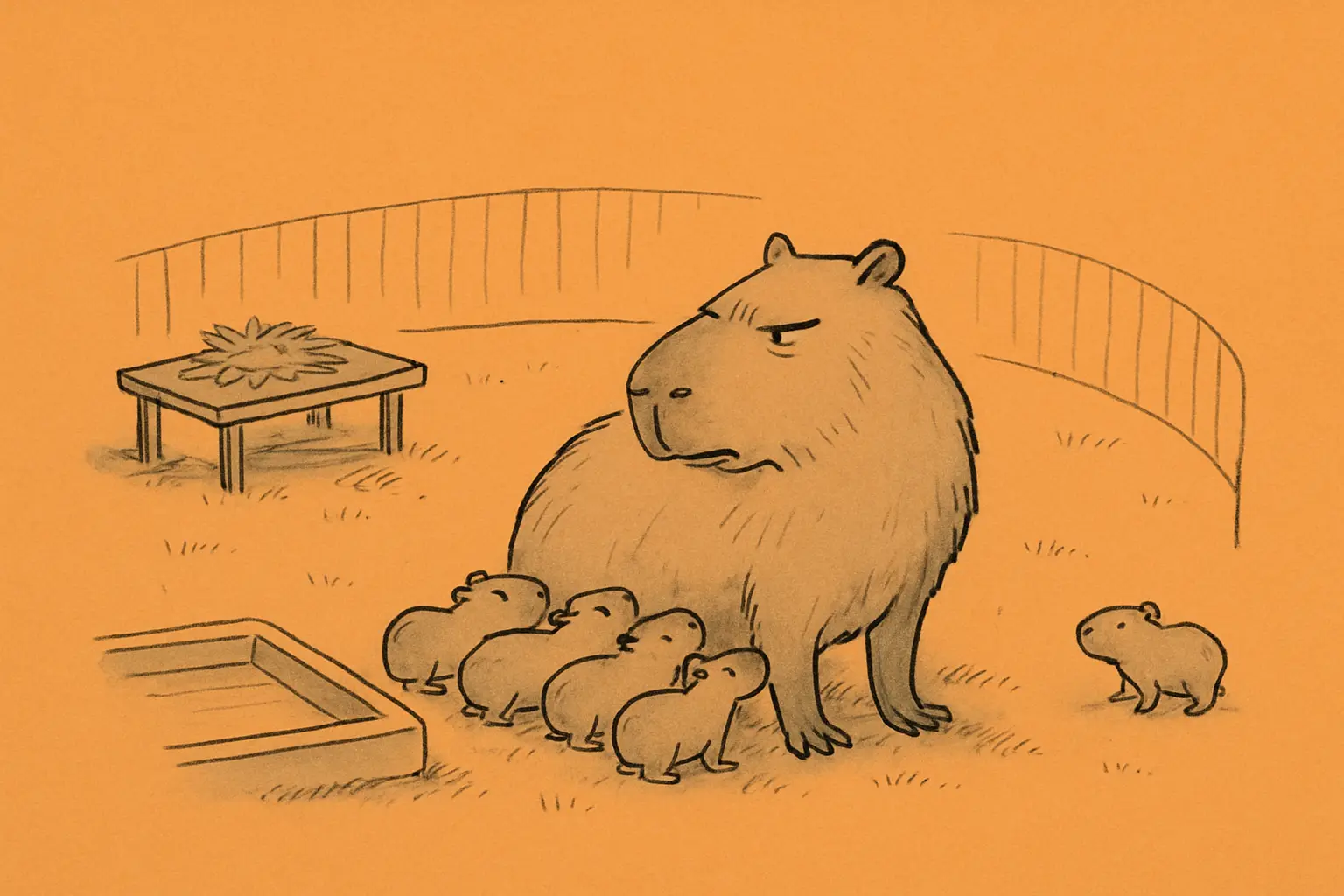 A capybara parent sitting in a zoo enclosure surrounded by five small pups of varying sizes, with a wooden enrichment structure visible in the background.