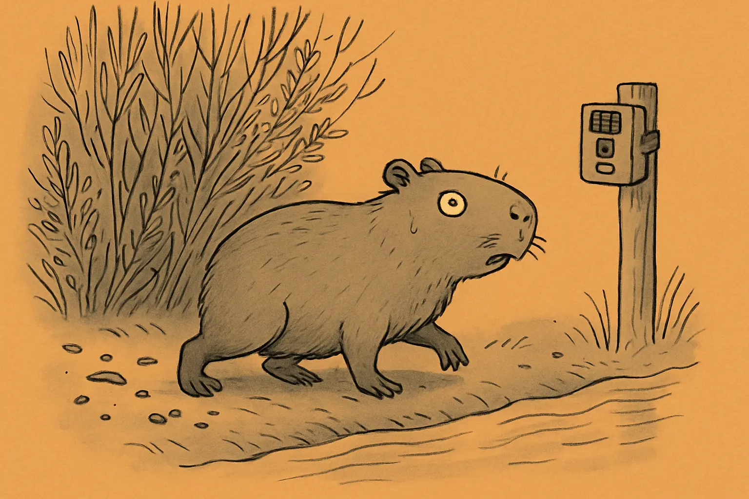 Cartoon capybara eyeing a camera trap mounted on a wooden post, looking distinctly nervous