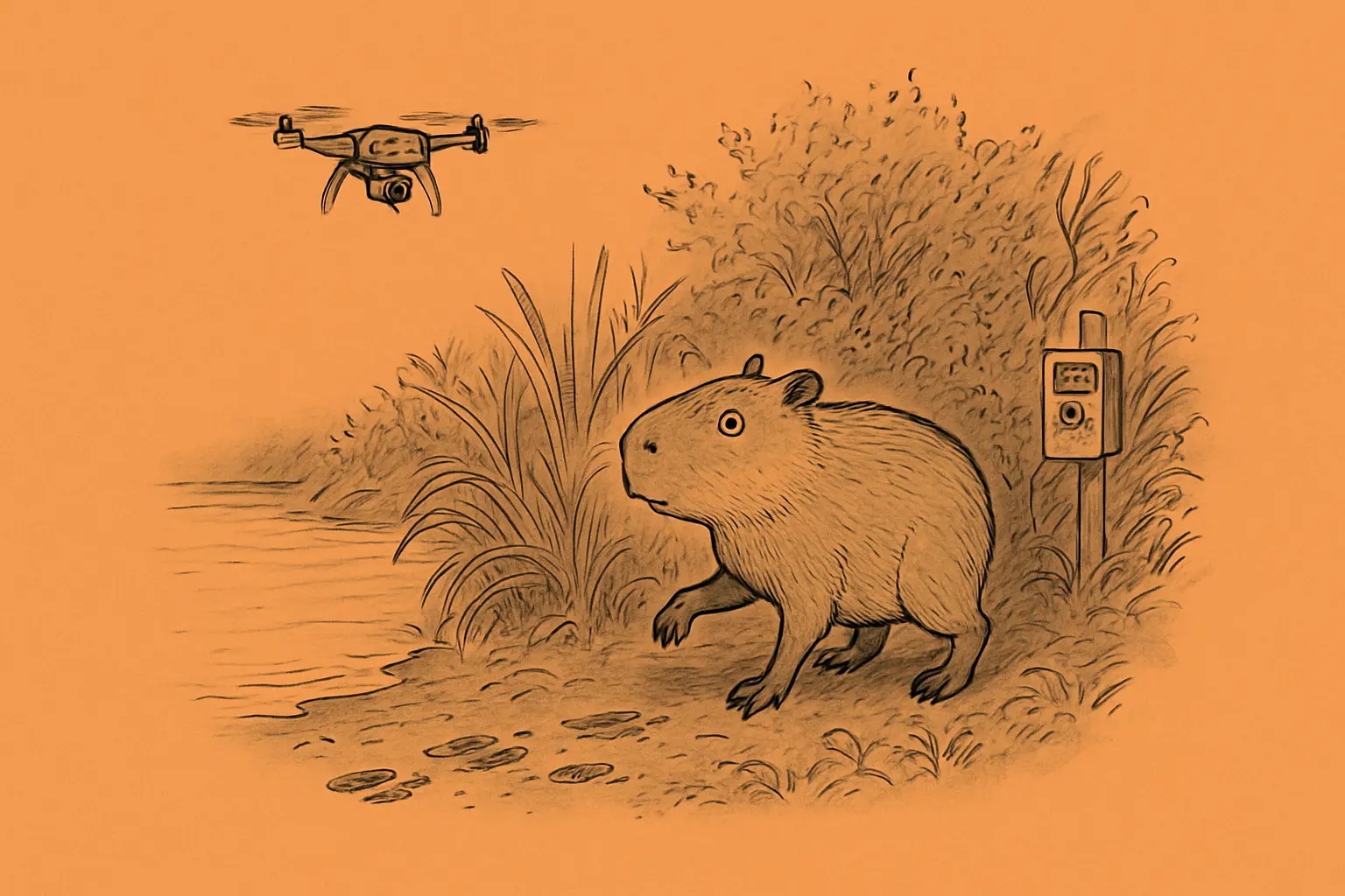 A young capybara standing at the edge of a dense Hampshire riverbank, partially obscured by tall summer vegetation, ears alert and eyes scanning the tree line.