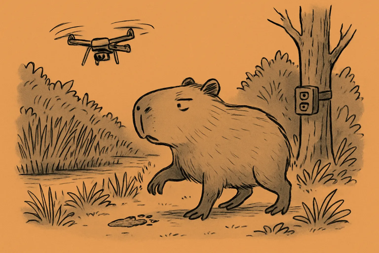 A capybara standing in dense green scrubland, partially obscured by tall reeds, with a thermal drone visible in the sky above.