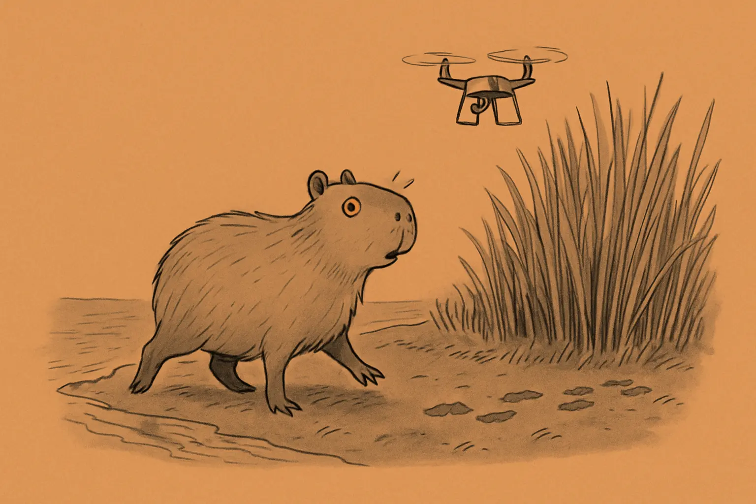 A capybara standing on a muddy riverbank beside dense reeds, with one paw raised as it notices a drone overhead.