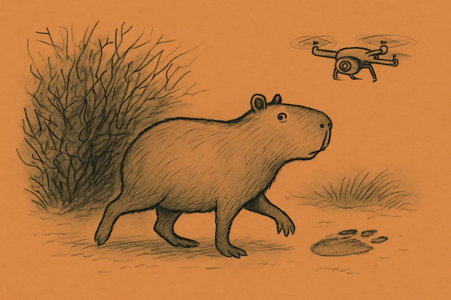 A capybara on a Hampshire riverbank, ears perked, glancing towards a distant figure, surrounded by nettles and a buzzing thermal drone.