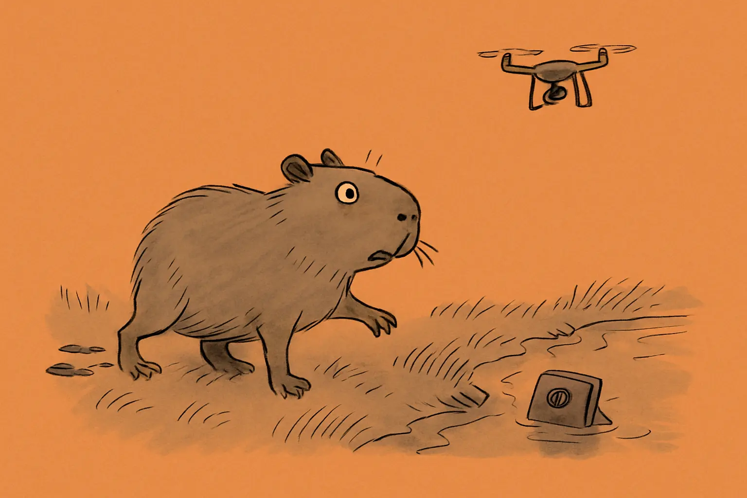Cartoon capybara startled beside a stream as a drone hovers and a camera trap sits half-submerged in the water