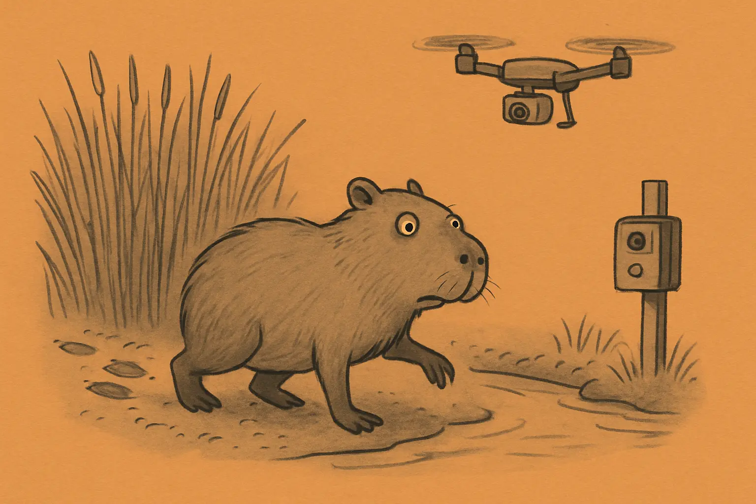Cartoon capybara on a muddy riverbank watching a thermal drone hover overhead beside a camera trap