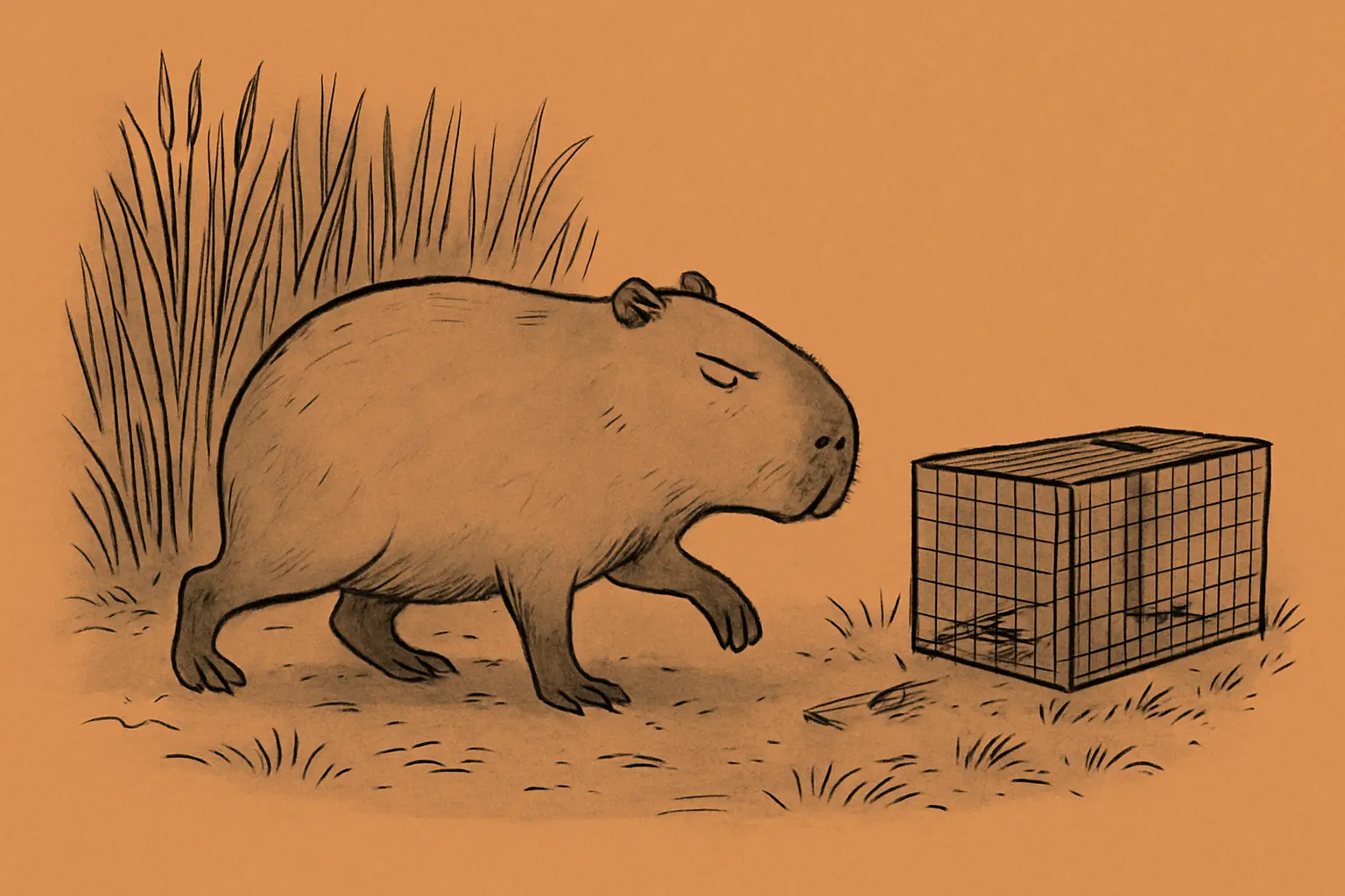 A large capybara standing at the edge of a Hampshire riverbank, half-concealed by tall reeds, watching a cage trap baited with grass nearby.