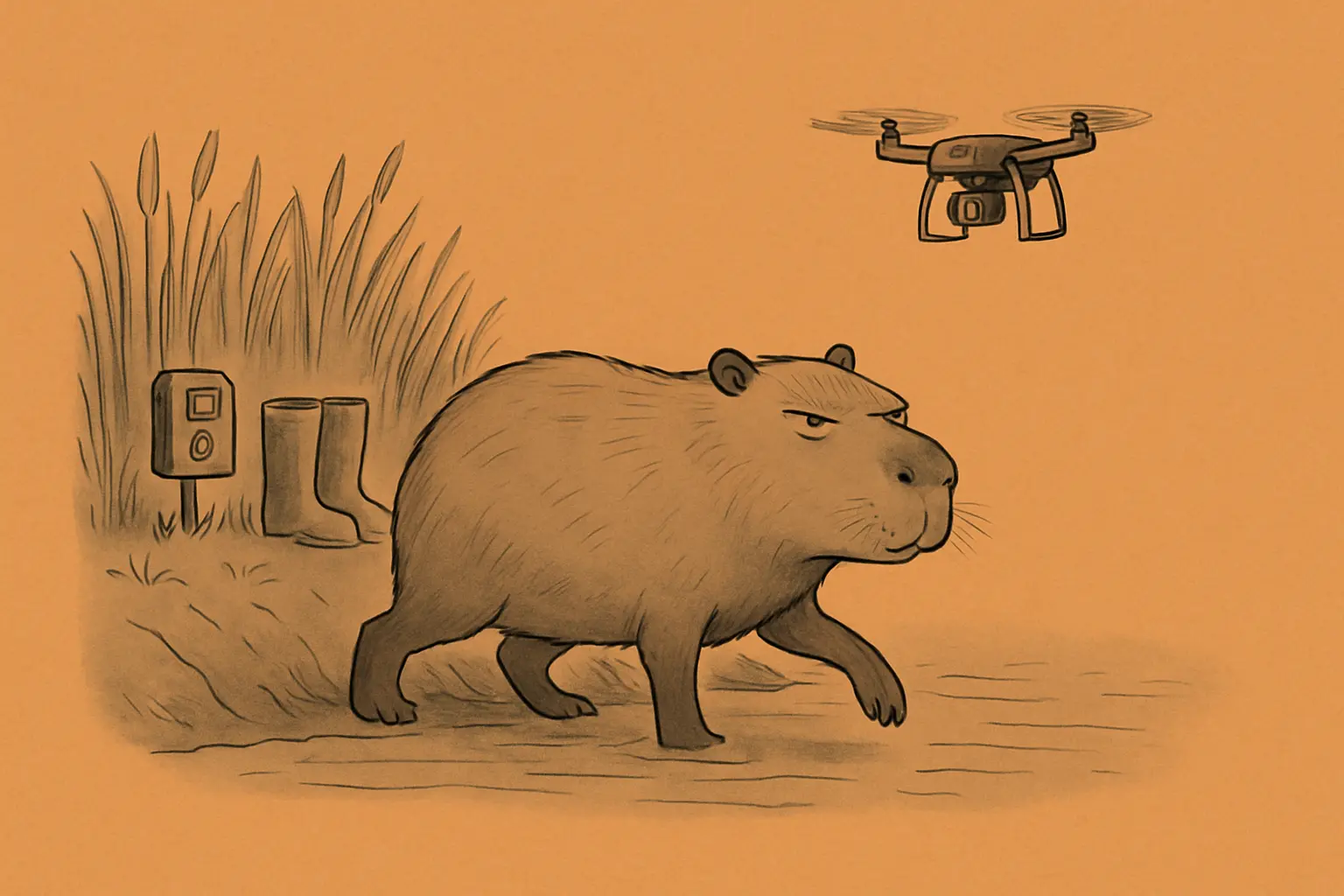 Cartoon capybara striding through grass past a camera trap and a pair of wellington boots, with a drone overhead