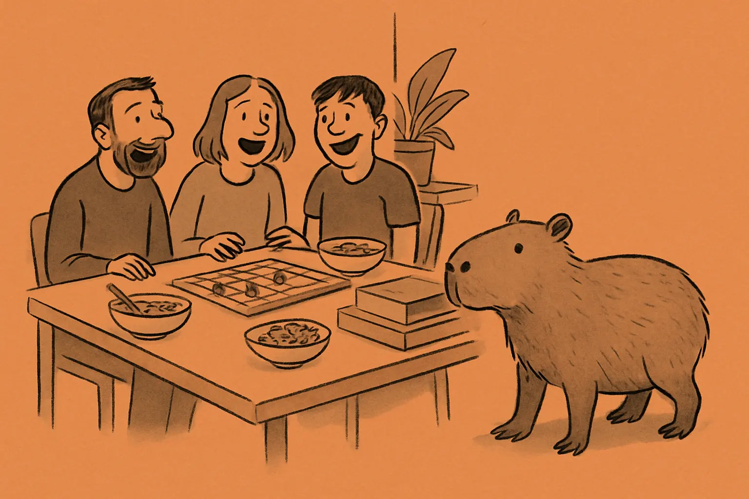 A capybara-themed board game café bustling with activity, games on tables, and diners enjoying food.