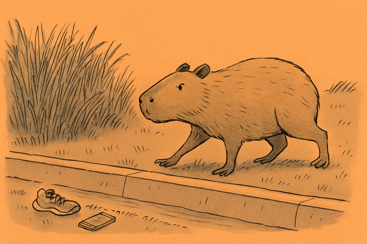 A large capybara walking slowly along the grassy edge of an irrigation canal in South Texas at dawn, apparently unconcerned by its surroundings.
