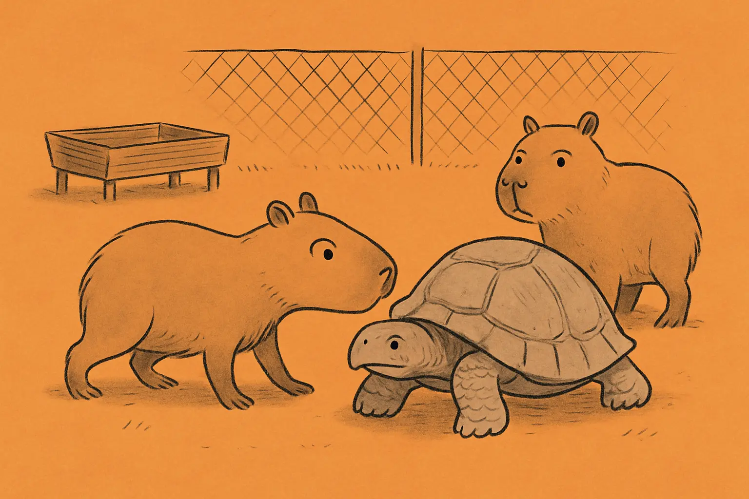 Two small capybaras in a zoo enclosure, sniffing at a large tortoise who appears entirely unbothered.