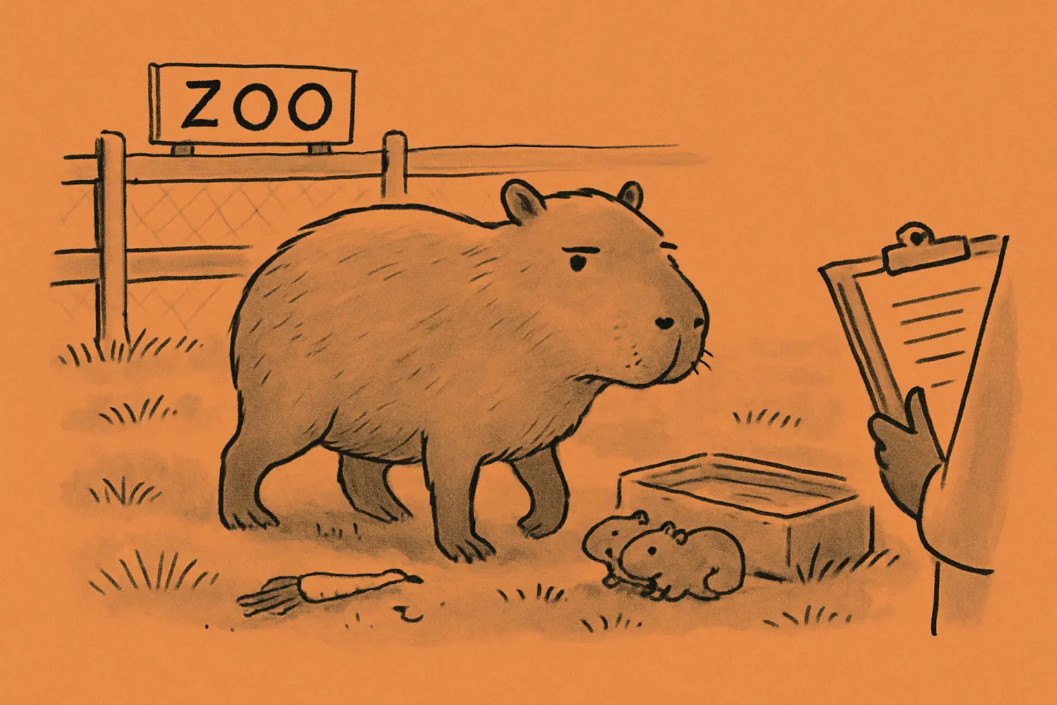 Tango the capybara standing in his Jersey Zoo enclosure beside a shallow pool, with two small pups visible near his feet.
