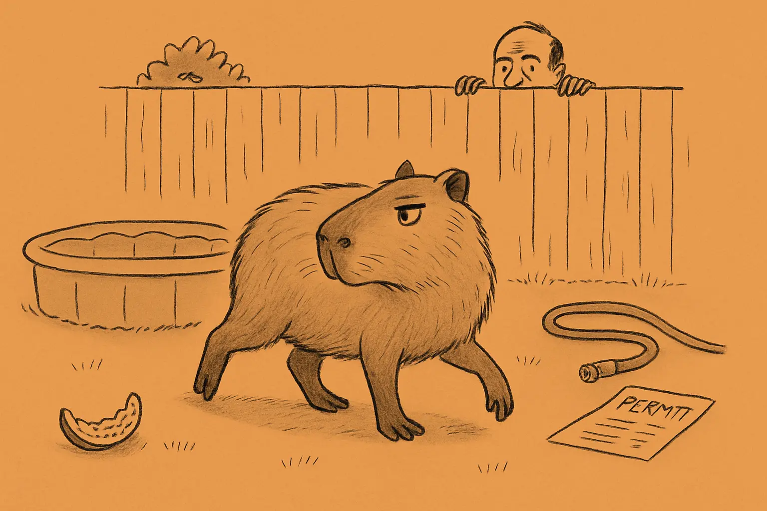 A large capybara standing in a suburban backyard beside a shallow garden pool, looking unimpressed by its surroundings.