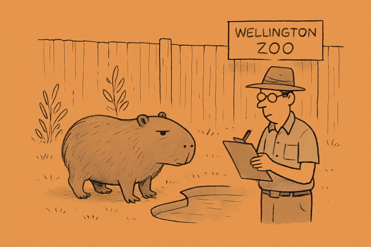 A capybara at Wellington Zoo, standing alone in its enclosure, looking towards the horizon with ears slightly lowered.