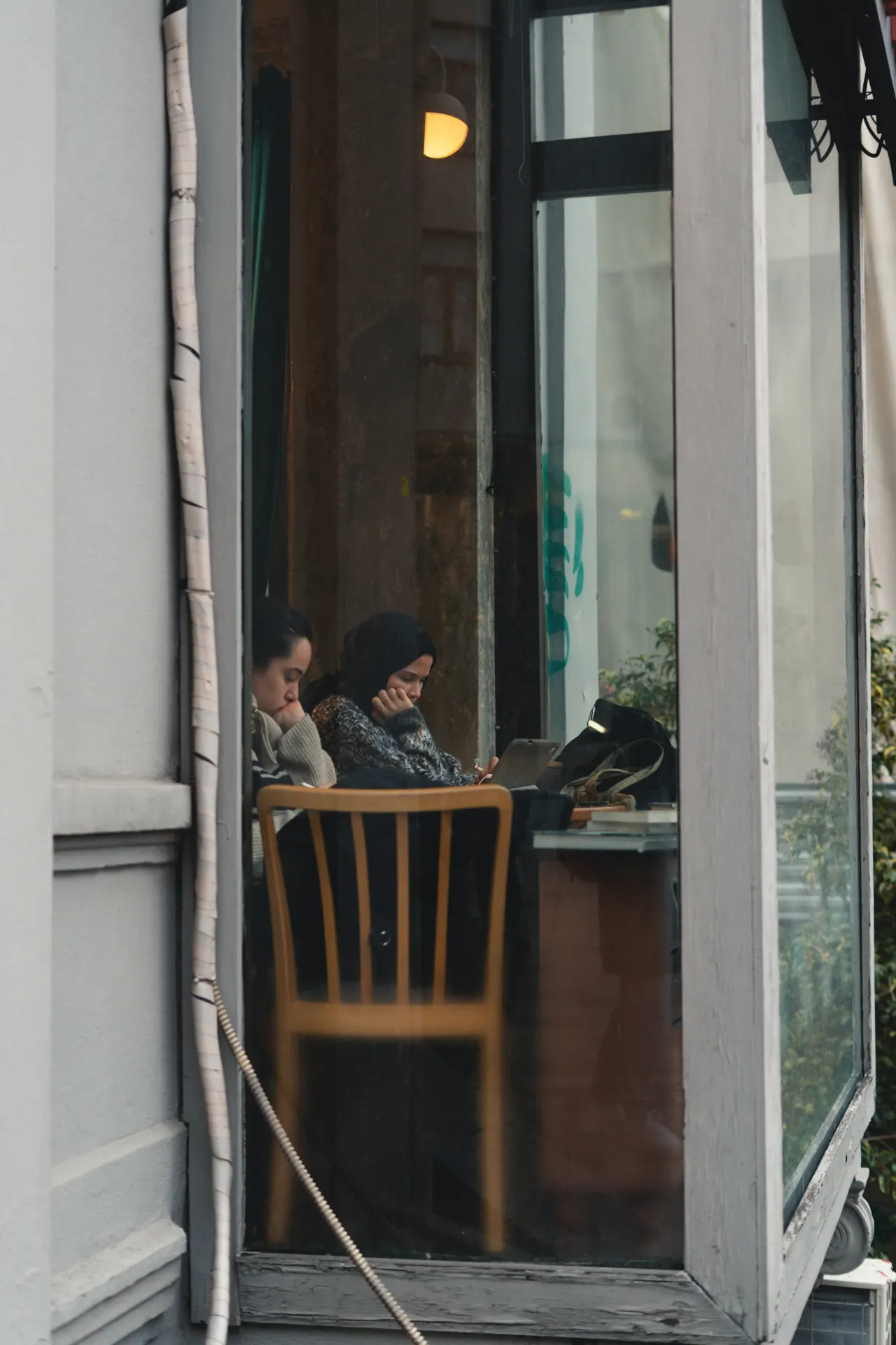 A corner table in a bright cafe.