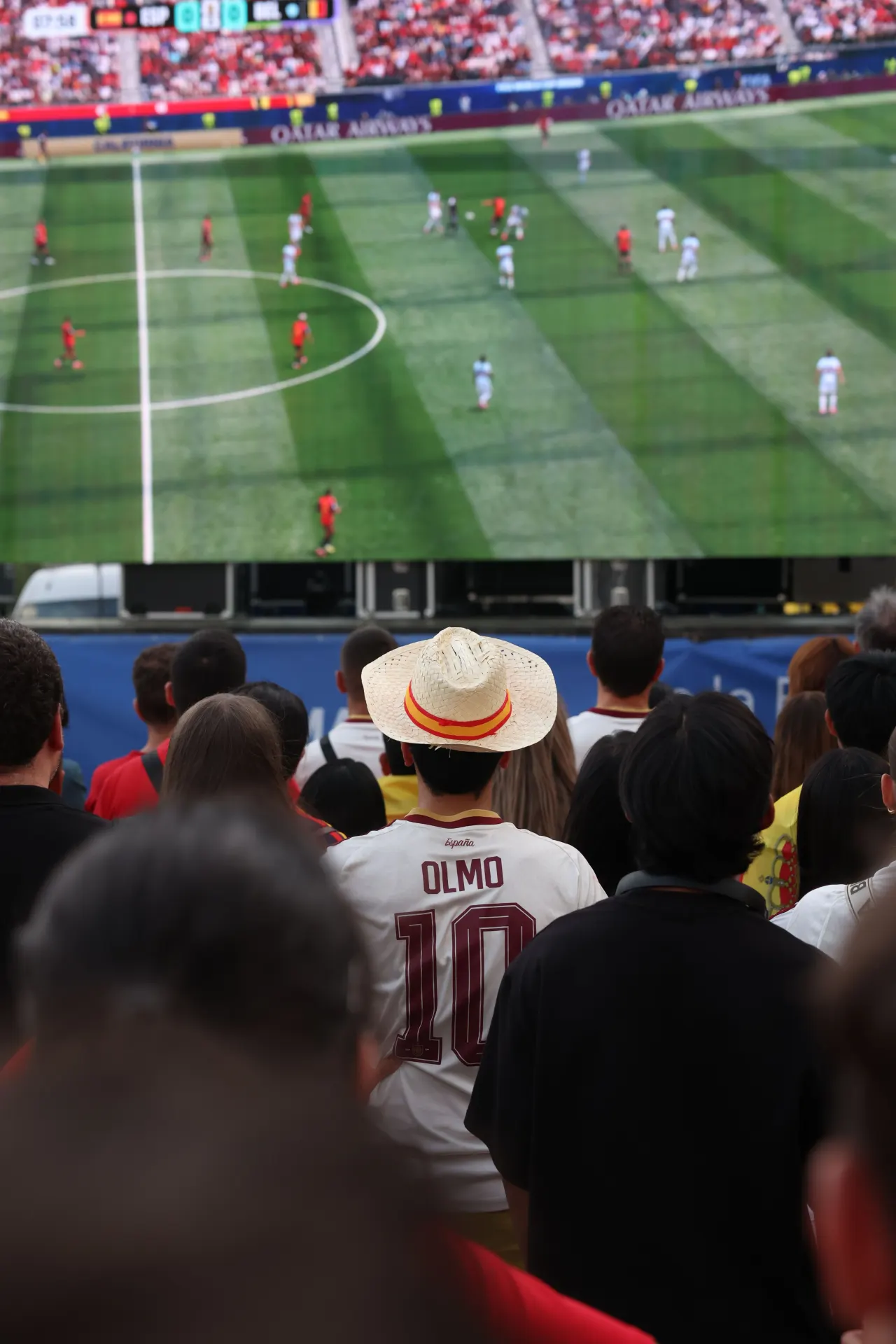 Soccer fans watching a large screen for a capybara World Cup mascot argument